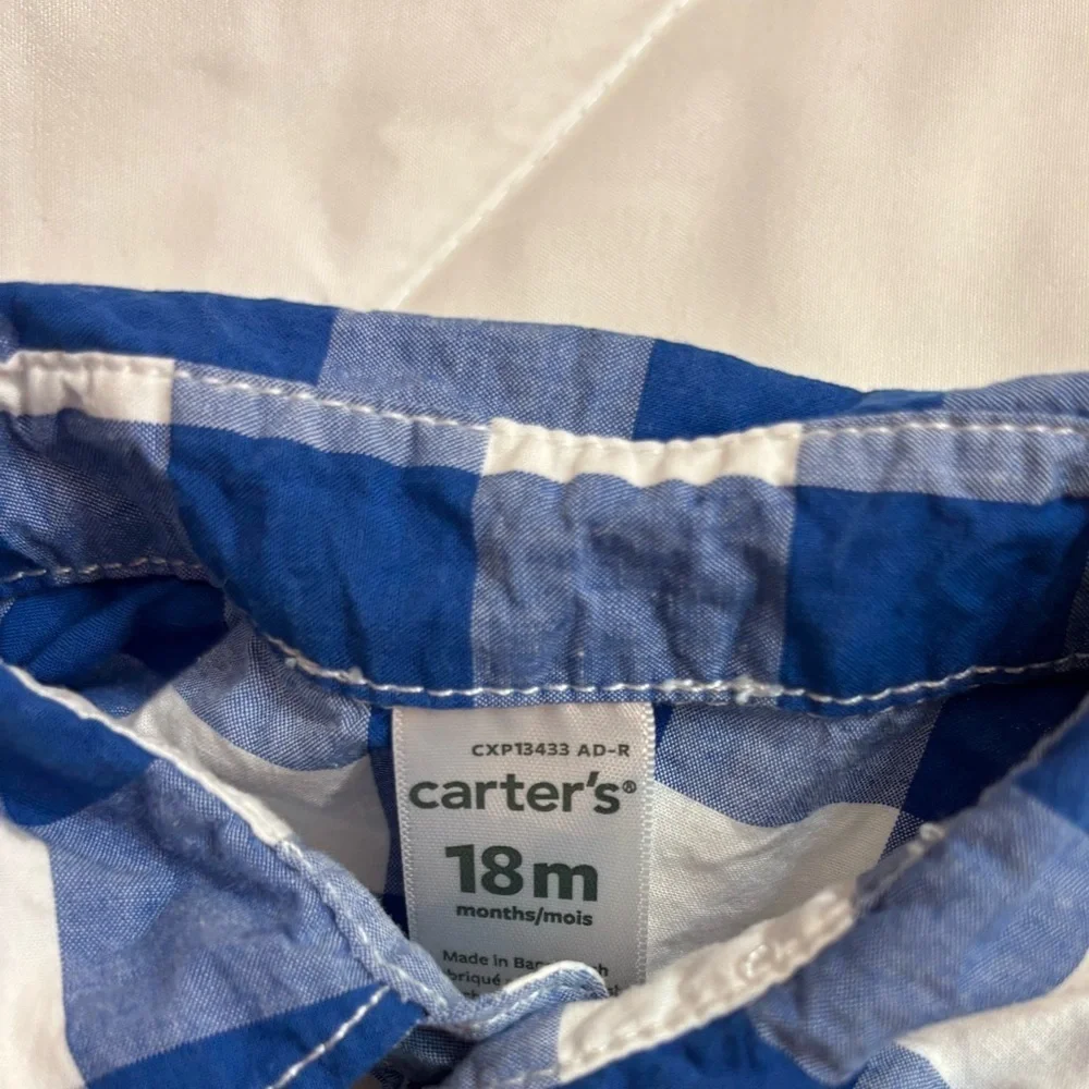 Carter's Blue and White Checkered Polo Shirt size 18 months- collar and buttons